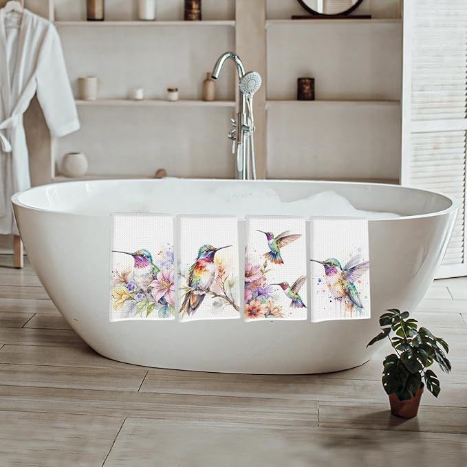 4 Pcs Artistic Hummingbird Kitchen Towels, Watercolor Floral Decorative Absorbent Microfiber Dish Cloth Tea Towel, Waffle Soft Hand Towels for Farmhouse Home Bathroom Decor, Housewarming Gifts