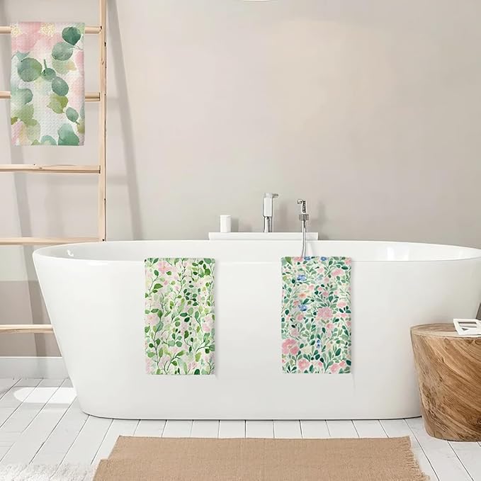 3 Pcs Watercolor Flower Checkered Kitchen Towels, Spring Summer Plant Decorative Absorbent Microfiber Dish Cloth Tea Towel, Aesthetic Waffle Soft Hand Towels for Farmhouse Home Bathroom