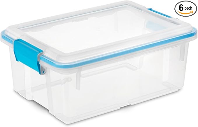Sterilite 12 Qt Gasket Box, Stackable Storage Bin with Latching Lid and Tight Seal, Plastic Container to Organize Basement, Clear Base and Lid, 6-Pack
