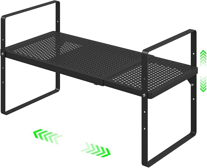 Expandable Cabinet Organizer Shelf - Adjustable Width (16.5”-27.1”), Stackable, Heavy Duty 80 lbs, for Kitchen Pantry, Countertop, Office, Spice Rack - Black, Small Size, 1 Pack