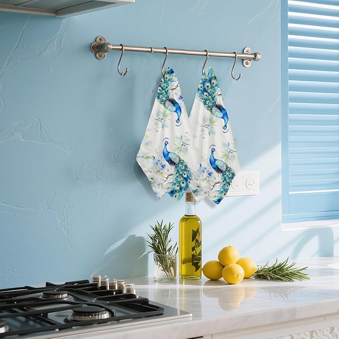 2 Pcs Peacock Kitchen Towels, Soft Absorbent Tea Hand Towel, Microfiber Dish Cloths for Drying Dishes, Waffle Dish Towels for Kitchen Bathroom Home Decor, Peacock Gifts for Women Mom