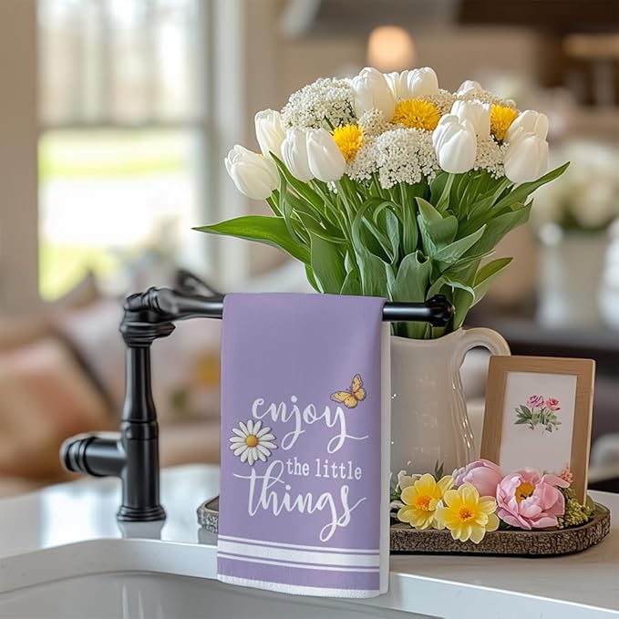 Purple Hydrangea Spring Kitchen Towels Set of 2,Bird Floral Dish Hand Towels Farmhouse Indoor Outdoor Holiday Seasonal Decorations DD089