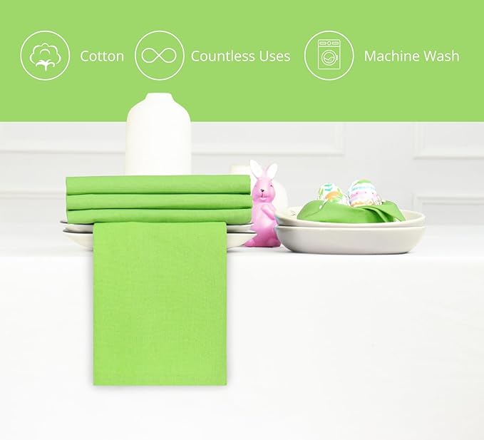 PurpleEssences Set of 12 Cloth Dinner Napkins 100% Cotton 18x18 Inch - Soft Durable Washable - Ideal for Farmhouse Party St Patricks Day Spring Summer - Perfect Everyday Use Table Linen - Apple Green