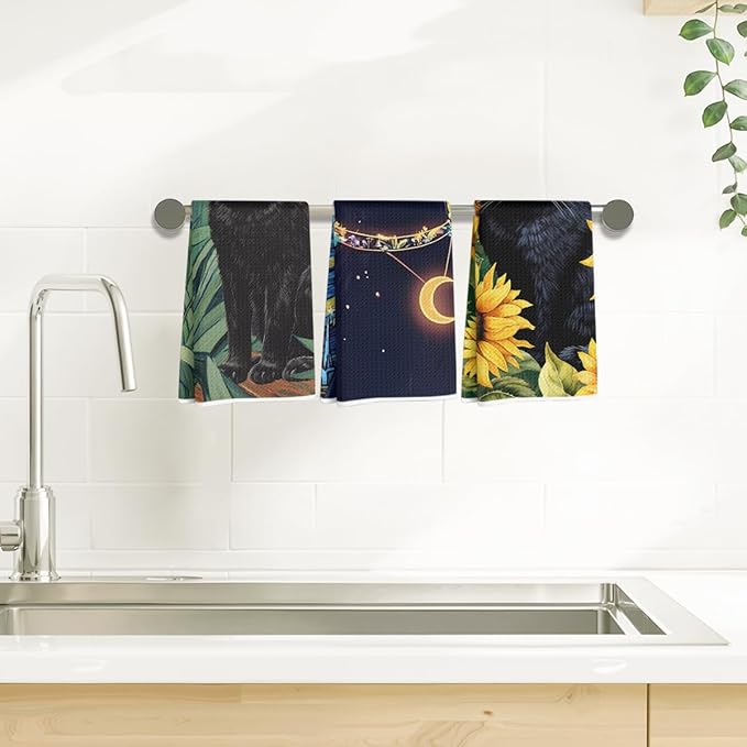 3Pcs Cat Kitchen Towels, Starry Night Dish Cloth Tea Towel, Sunflower Dish Towels for Kitchen Drying, Microfiber Waffle Hand Towel for Home Bathroom Decor, Cat Lover Gifts for Women Mom, 24x14 Inch