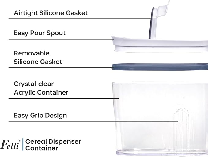 Felli Cereal Container Storage Airtight Holds 32 oz Family Size Breakfast Box with Flip Top Lid, Stackable Acrylic Dry Food Dispenser, Protein Granola Oats Grains, Crunch Keeper (Large 4.1Qt - 2pk)