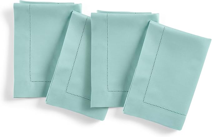 Solino Home Cotton Linen Napkins Set of 4 - Hemstitch Pastel Turquoise Dinner Napkins Cloth 20 x 20 Inch for Spring, Summer, Mothers Day - Handcrafted and Machine Washable