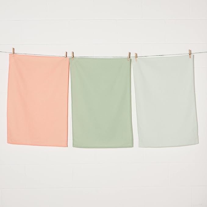 Now Designs Floursack Kitchen Towels Quick Dry Cotton Hand Towel Set, 3 Count, Dawn/Eucalyptus/Mist, 20 x 30 in