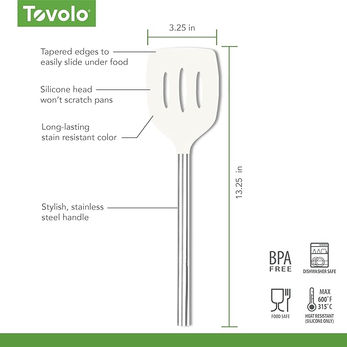 Tovolo Slotted Silicone Spatula Turner Slotted Stainless Steel Handle 10" White Heat Resistant Non Toxic BPA Free Kitchen Utensil, Scratch Resistant Silicone Pancake Flipper Metal Handle for Cooking