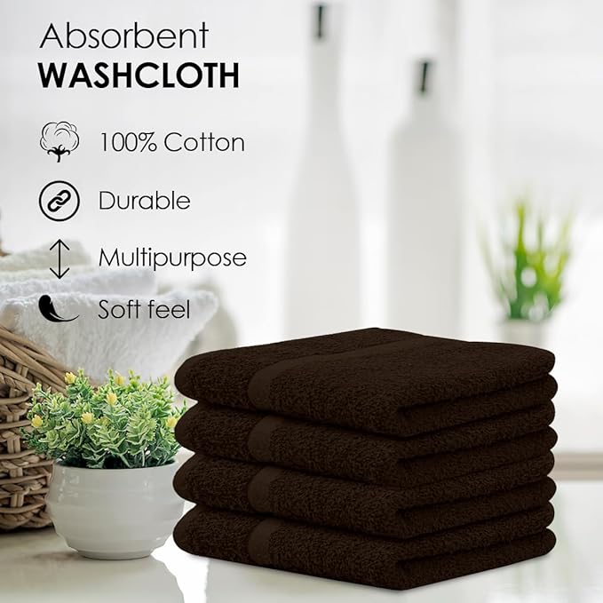 Avalon Towels Cotton Washcloths 24-Pack – 12 x 12 Inch Brown Super Soft & Absorbent Ring-Spun Cotton Wash Cloths for Face, Bath, Spa, Gym, Hotel & Cleaning