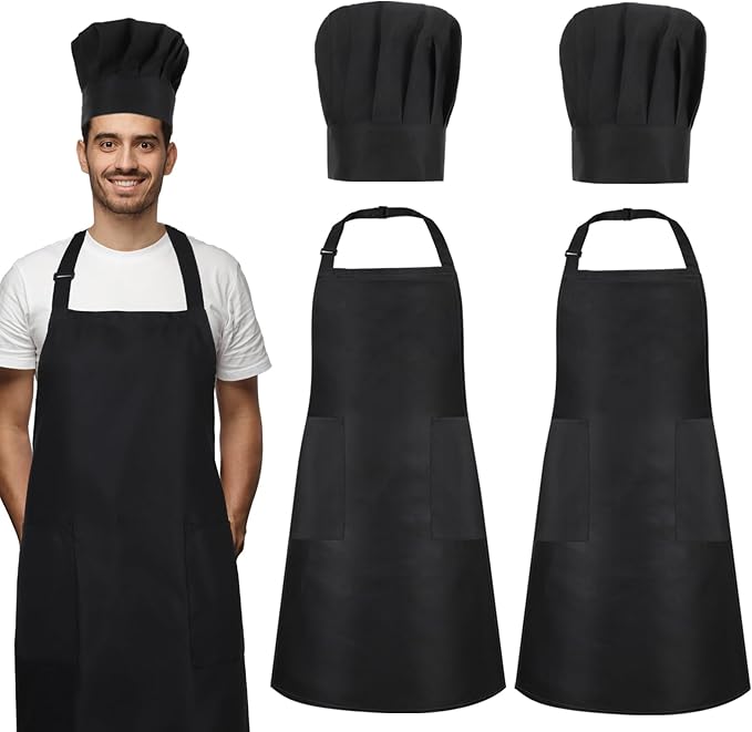 2 Pack Chef Apron and Hat, Adjustable High Cooking Apron Waterproof Kitchen Baking Apron Chef's Hat Christmas Gift
