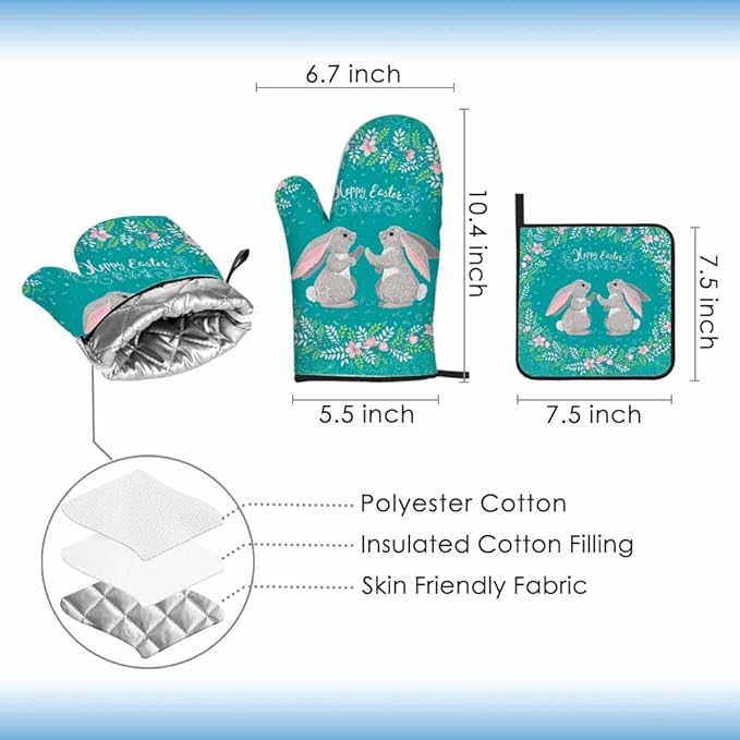 Easter Oven Mitts and Pot Holders Sets Cute Rabbits Floral Wreath Heat Resistant 3pcs for Cooking Baking BBQ