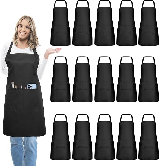 15 Pcs Adult Aprons Bulk with Pockets Adjustable Bib Chef Apron for Women Men Painting Cooking Crafting (S/L)