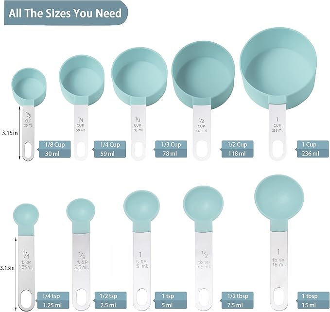 Measuring Cups and Spoons Set of Huygens Kitchen Gadgets 10 Pieces, Stackable Stainless Steel Handle Measuring Cups for Measuring Dry and Liquid Ingredient (Lake blue)