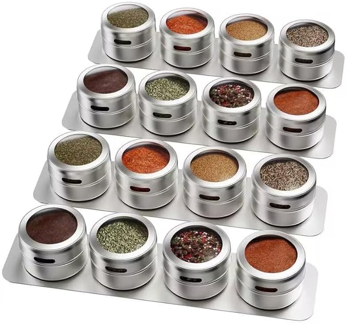 Vetacsion Set of 16 Magnetic Spice Tins with 4 Metal Wall-Plates,100 Preprinted Seasoning Label Stickers,2 Styles for 3 oz Herb Jars