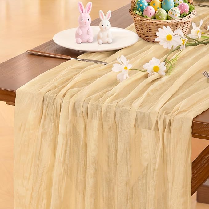 Socomi Gold Champagne Cheesecloth Table Runner Easter Spring Boho Rustic Gauze 120 inch 10FT Cheese Cloth Runner for Wedding Party Baby Shower Birthday Home Decor Holiday Decorations