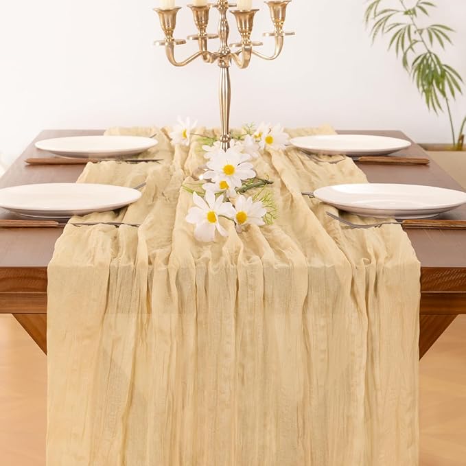 Socomi Gold Champagne Cheesecloth Table Runner Easter Spring Boho Rustic Gauze 120 inch 10FT Cheese Cloth Runner for Wedding Party Baby Shower Birthday Home Decor Holiday Decorations