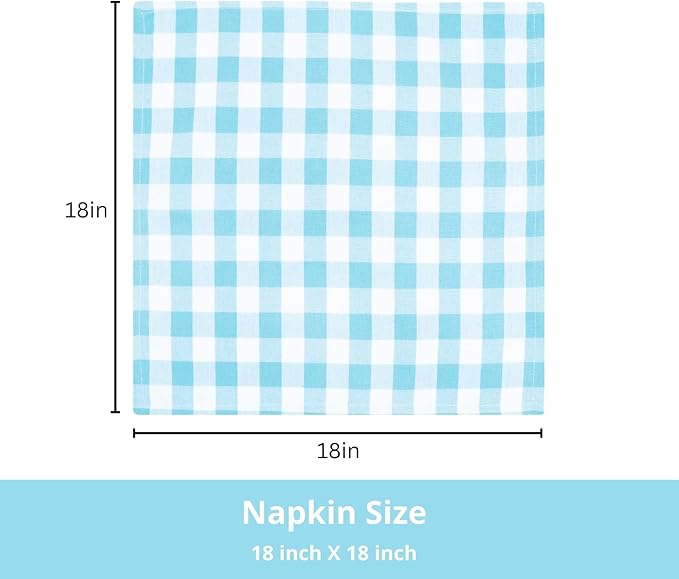 PurpleEssences Buffalo Plaid Cloth Napkins - Mitered Corners - Spring Easter Summer - Gingham Check Dinner Napkin - Set of 12-100% Cotton - 18x18 Inch - Reusable Washable - Aqua Blue and White
