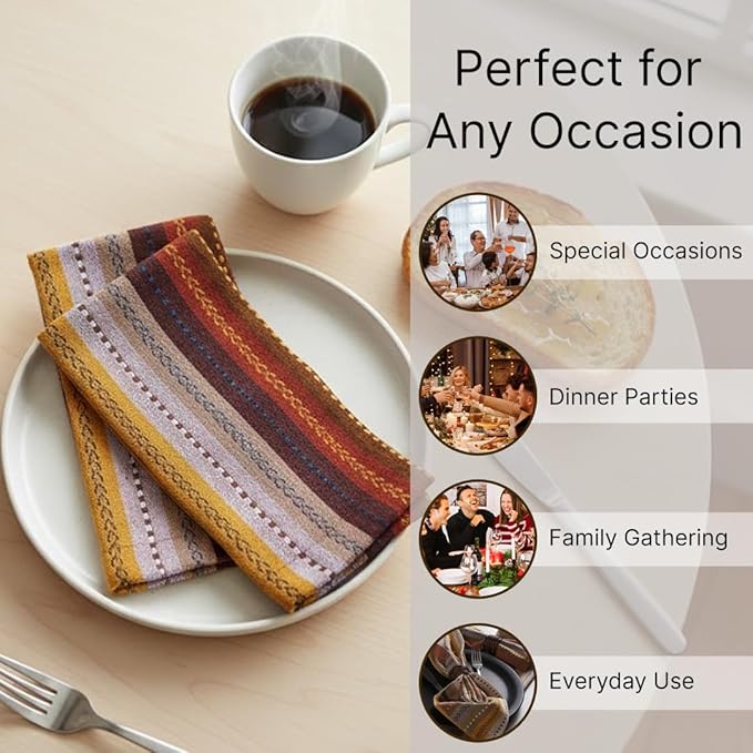 LFH Home Cotton Rich Cloth Salsa Napkin Set of 24 Washable Soft Durable Striped Table Napkins for Dining Wedding, Daily Use Reusable Eco-Friendly Napkins for Elegant Table Settings(18x18)-Rust