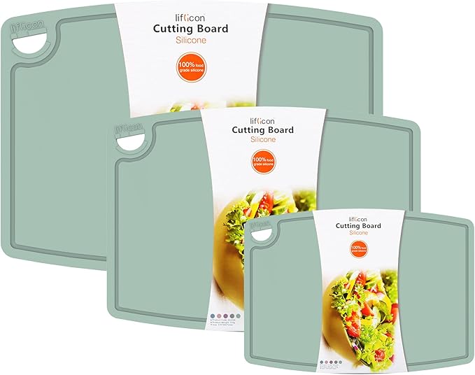 Liflicon Silicone Thick Cutting Boards Mats Set of 3 Foldable & Flexible Design Juice Grooves Easy Grip Handle Dishwasher Safe for Kitchen,BPA free Silicone Cutting Board-Light Green