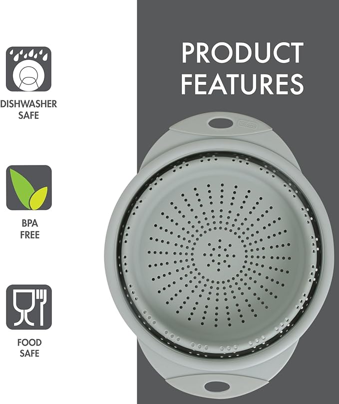 Dexas 10" Collapsible Silicone Colander in Sage, Kitchen Strainer with Handles, 15.1 Cup Capacity | BPA-Free, Heat-Resistant, Space-Saving Kitchen Tool