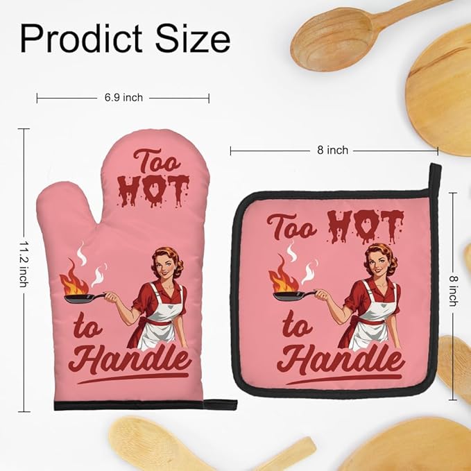 DYJYBMY Too Hot to Handle Funny Vintage Lady Oven Mitts and Pot Holder Set, Sarcastic Kitchen Gadgets for Women Lover, Housewarming Gifts for Chef Baking Lover, Hostess Gifts for Mom Wife Sister BFF