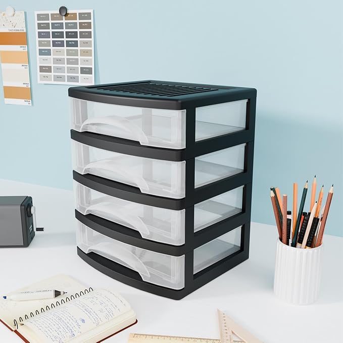 BYCY 4-Drawer Clear Stacking Desktop Organizer for Office Supplies Small Business Organization, Stackable Storage Drawers Plastic Storage Bins For Kitchen Cabinets, Pantry, Home Organization