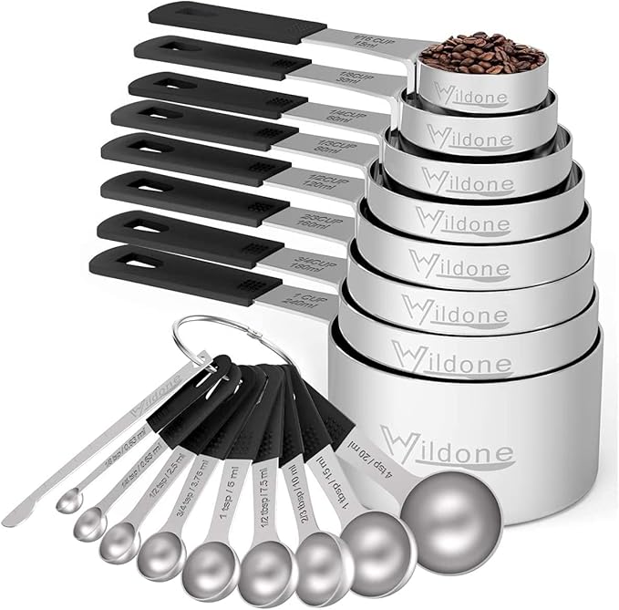 Measuring Cups & Spoons Set of 18 - Wildone Stainless Steel Nesting Measuring Cups 8 Piece and 9 Measuring Spoons, 1 Leveler, Ideal for Dry and Liquid Ingredients (Black)