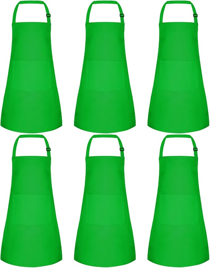 6 Pack Kids Apron Bulk with 2 Pockets Adjustable Chef Art Apron Kids Painting Aprons for Cooking Baking Painting Crafting Grilling Activity（Green）