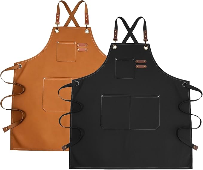 Chef Apron with Large Pockets for Women Men, Cotton Canvas Cross Back Water Repellent Adjustable Work Apron