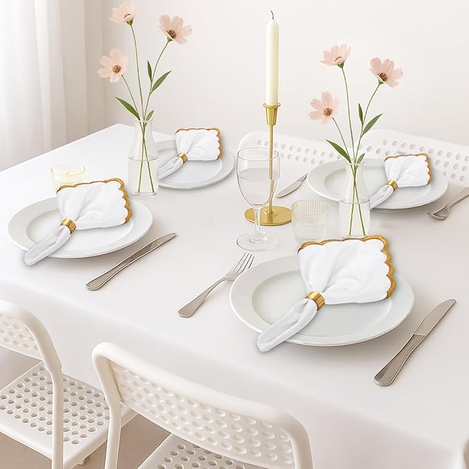 Ridhi Cloth Napkins 100% Pure Cotton Farmhouse Wedding Dinner Napkins for Halloween, Thanksgiving, Holiday Daily Wedding uses Napkins (4-18" x 18" White with Champagne Gold Edge)