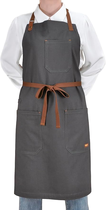 Professional Chef Apron for Men Women with Pockets, Bib Apron for Cooking Kitchen Grill BBQ, with Towel Loop and Adjustable Neck Strap (Dark Grey)