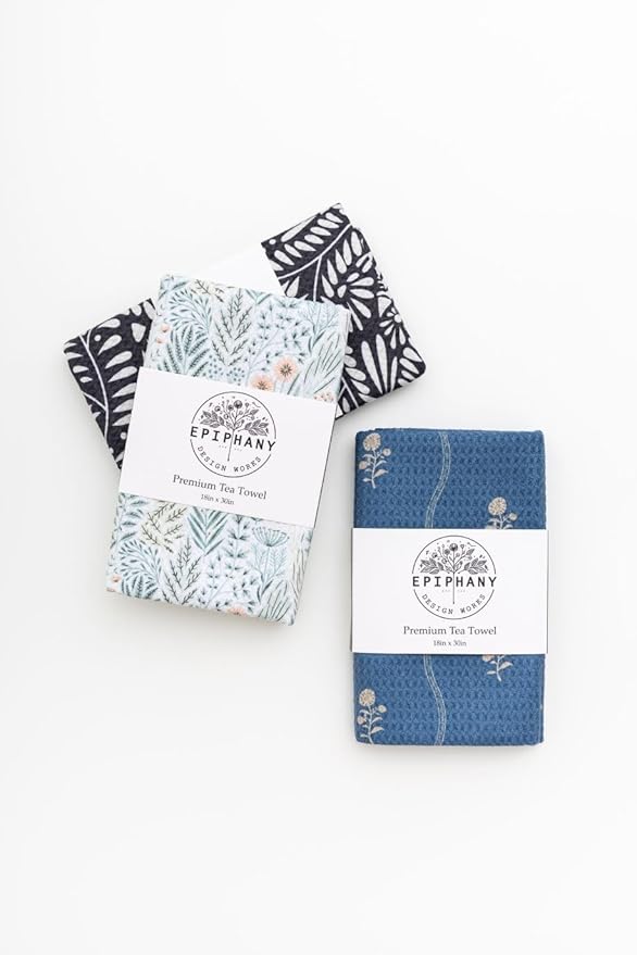 Premium Kitchen Tea Towel | Microfiber Waffle Weave | Quick Dry | Super Absorbent | Double-Sided Designer Prints | 2 Pack (Midnight Garden)