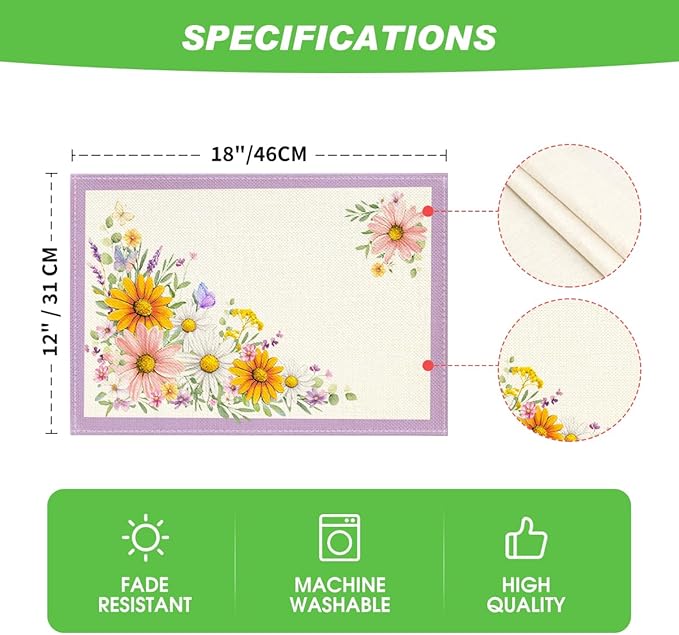 Artoid Mode Purple Sunflowers Butterfly Spring Placemats Set of 4, 12x18 Inch Seasonal Summer Holiday Table Mats for Party Kitchen Dining Decoration