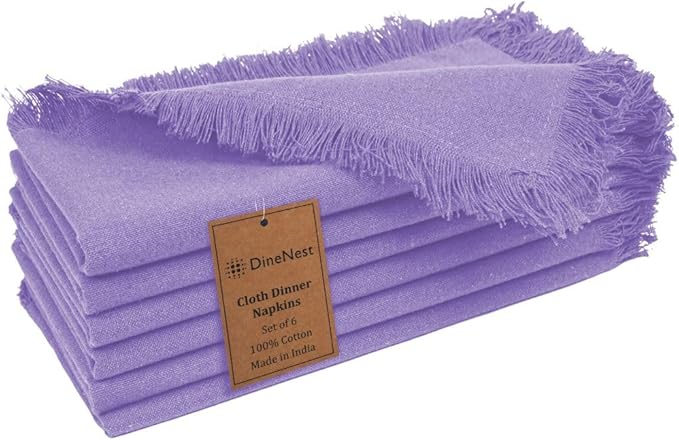 Cloth Dinner Napkins with Fringes 20x20 Inch 100% Cotton Set of 6 - for Dining Special Occasions Wedding Holidays Easter - Soft Durable Washable - Elegant Table Cloth Napkins Lavender/Purple