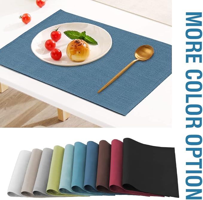 H.VERSAILTEX Linen Placemats Set of 4 Premium Solid Table Mats for Dining Table Spill-Proof Waterproof Heat-Resistant Kitchen Mats Washable, 12x18 inches, Ink Blue