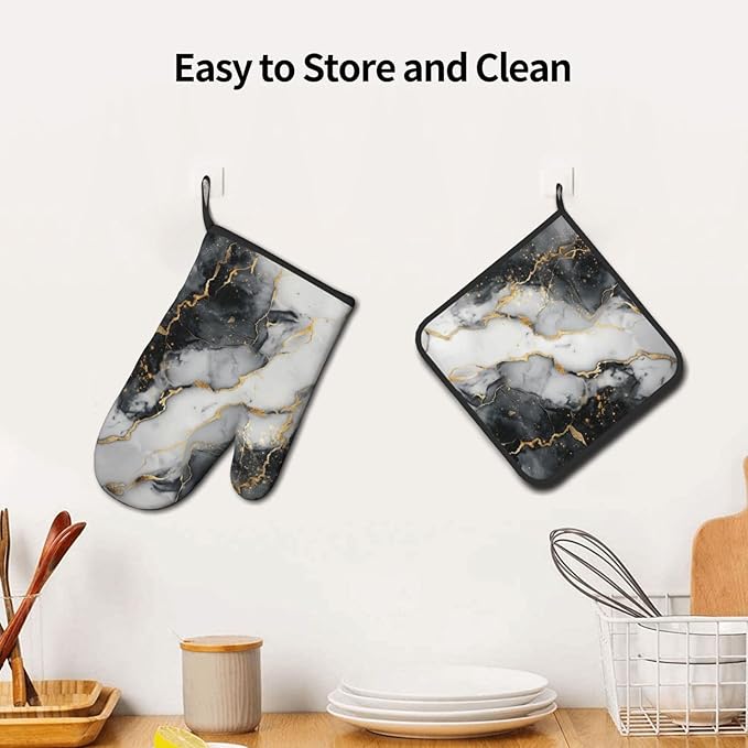 Black and White Marble Oven Mitts and Pot Holders Golden Texture Heat Resistant Oven Mitts Safe for Baking Cooking BBQ
