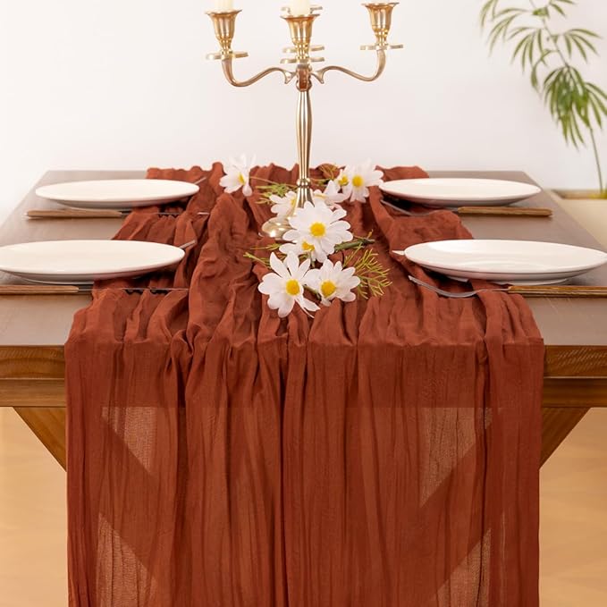 Socomi 6pcs Terracotta Valentine's Day Cheesecloth Table Runner Boho Rustic Gauze 120 inch 10FT Cheese Cloth Runner for Wedding Party Baby Shower Birthday Home Decor Holiday Decorations