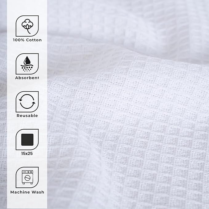 Blue Needles Waffle Weave Kitchen Towels, 15x25 Inches 100% Cotton Set of 6 Dish Towels for Kitchen, Ultra Soft & Absorbent with Hanging Loop, Spring Summer Dish Rags for Quick Drying - White