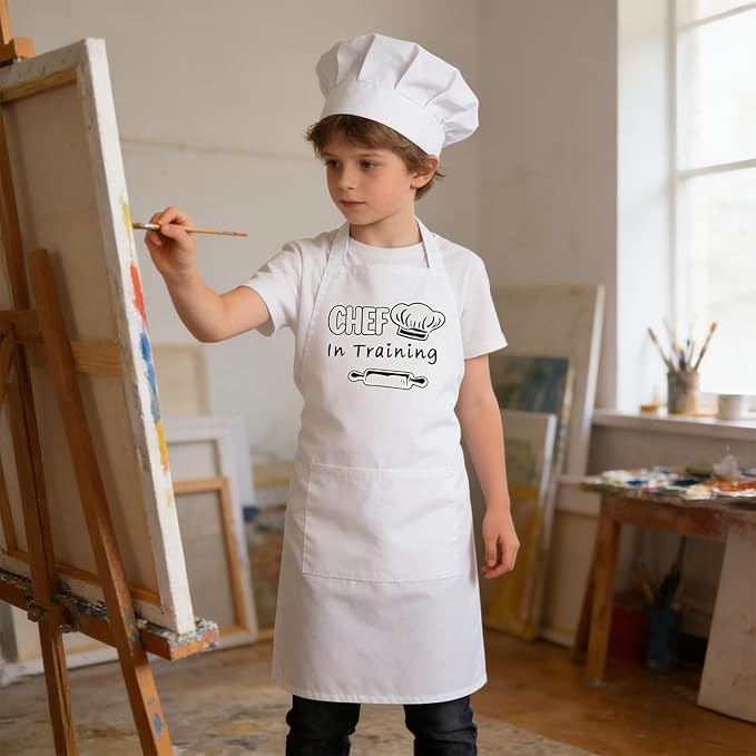 Kids Apron and Chef Hat Set Adjustable Child Aprons with 2 Large Pockets for Girls Boys Cooking Baking Painting Gift