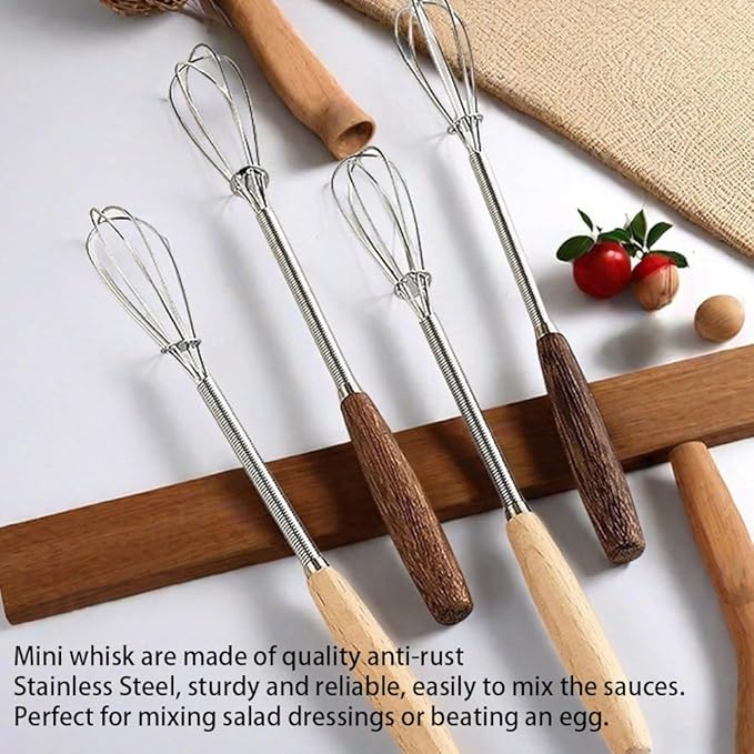 Stainless Steel Mini Whisk 2 Pcs, Small Wire Whisks Set with Wooden Handle, Kitchen Egg Beater Mini Hand Mixer for Cooking, 7.8inch