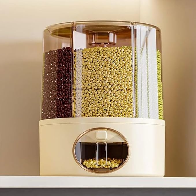 Premium 6-Grid Rotating Food Dispenser with Sealed Lid – 360° Rotation Grain Storage Container for Rice, Beans, Cereal, Peanuts, Barley, and More – Kitchen Pantry Organizer