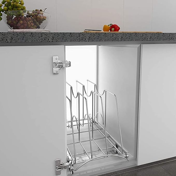 Pull Out Cookie Sheet Organizer for Cabinet, Pan and Pot Rack, Cutting Board Organizer Rack, Baking Tray Organizer for Cabinet, Adjustable Divider Width, 11" W x 22" D x 11.8" H, Chrome