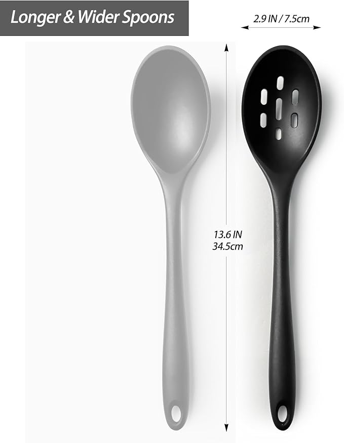Silicone Slotted Spoons for Cooking - Extra Large Kitchen Spoons for Mixing, Serving, & Stirring - 600°F Heat-Resistant Non Stick Utensils Skimmer- Dishwasher Safe, Slotted, Black