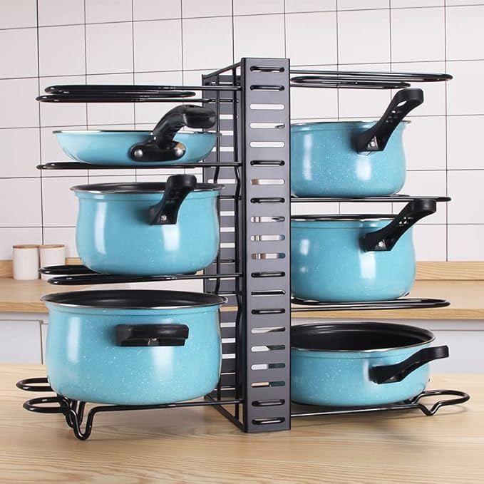 Felibeaco Adjustable Pots and Pans Organizer Rack for Cabinet, Metal Pans Pots Lids Storage Holder Rack with 3 DIY Methods for Kitchen, Counter,Black