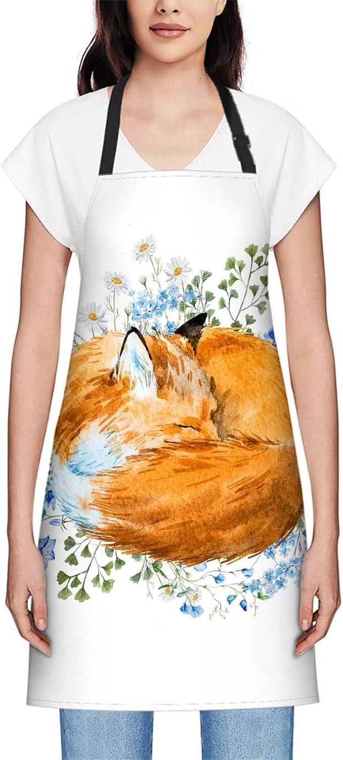 oFloral Watercolor Sleeping Fox Apron Unisex Adjustable Bib Apron, Cooking Kitchen Chef Apron, Women Men Apron for Home Kitchen, Restaurant, Coffee house