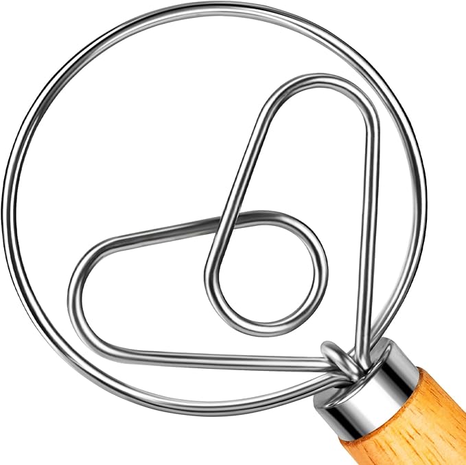 TEEVEA Danish Dough Whisk for Bread Sourdough, Wooden Handle & Stainless Steel Hook