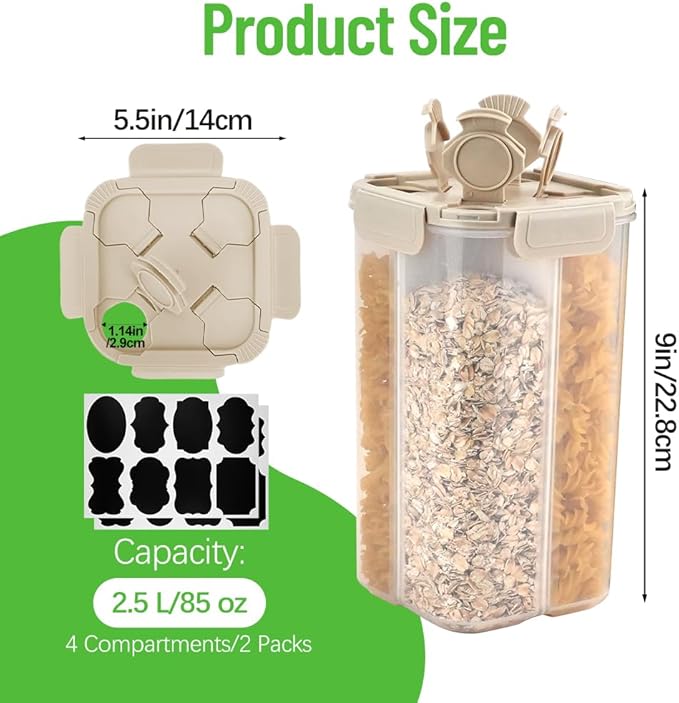 2 Packs Pasta Cereal Storage Containers, 2.5L Airtight Grain Dispenser with Lids, Spaghetti Container Storage with 4 Compartments for Noodle, Rice, Nuts, Flour, Beans