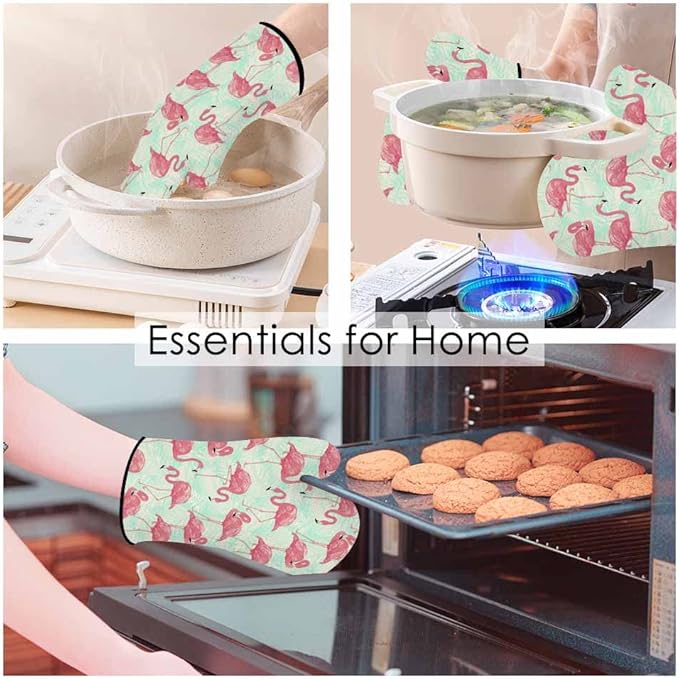 Pink Flamingo Oven Mitts and Pot Holders Sets Palm Leaves Tropical Animal Heat Resistant 3pcs for Cooking Baking BBQ