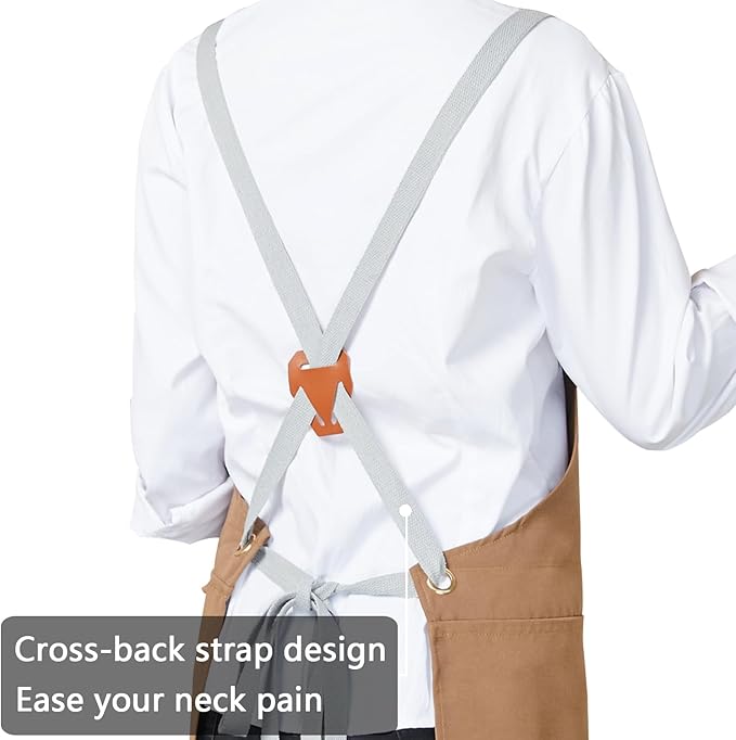 KITCHIEF Pottery Apron Split Leg,Cross Back Chef Apron with Pockets,Painting Apron with Adjustable Straps for Cooking,Baking,BBQ,Ceramic,GardeningQ(Brown)