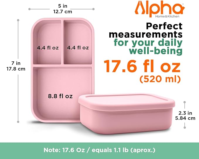 3 Compartment Silicone Bento Box for Kids – BPA Free Snack Container, Leak-Resistant School Lunch Box, Small Portions, Easy to Clean, Dishwasher Safe